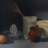 Still life oil painting by Emma de Souza with mixing bowl, whisk, baking utensils and eggs