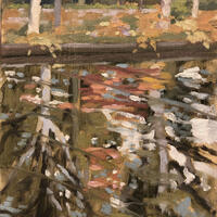 Golden Days 25x36cms Oil/Autumn/ canals/reflections/warm colours/trees/fishing/watery reflections