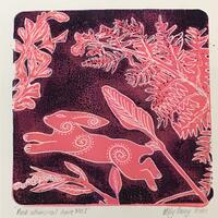‘Pink Whimsical Hare’ Gel print with foliage, a handmade hare shape and white gel pen.