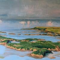 Early morning over the river Deben, acrylic on canvas board