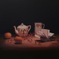 Still life oil painting by Emma de Souza with satsumas, antique tea set and open book. Oil paintings