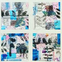Mixed media collaged squares made using collaged gel prints, handmade foam stamps and stitch.