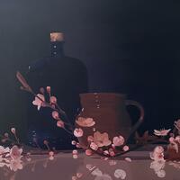 Still life oil painting by Emma de Souza with blue bottle, brown jug, pink blossom on a reflective surface mirroring the image
