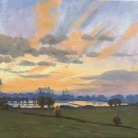 Winter Reservoir 60x50cms Oil/ winter sunset/ blue and orange/watery reflections