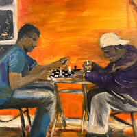 An intense game of Chess - Oil on wood