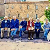 Oil on wooden panel.  People Watching, Volterra, Italy