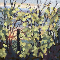 Field Maple 30x30cms Oil on board/hedgerows/foliage/leaf pattern/autumn colours/chromatic aberration/setting sun/