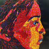 Hand embroidery thread painting of girl staring into a flame by Kat Kerr