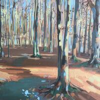 Chipperfield Woods with early winter sunshine, acrylic on canvas