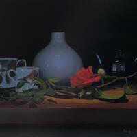 Still life oil painting by Emma de Souza with a red camellia, decorative coffee cups, a brown teapot, a vase and green leaves. Oil paintings