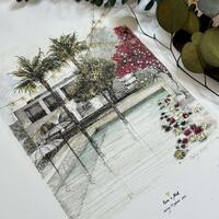 An elevation and perspective drawing of a Casa la Vista, Ibiza using pen, pencil, watercolour and metallic paint.