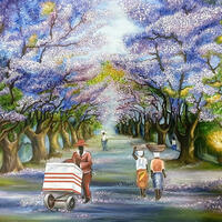 Spring is part of a series of landscape paintings depicting the seasons of nature throughout the year in one street, using fantasy provoking colours and silhouettes.