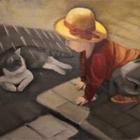 A Boy and a Cat. Oil on canvas. 25cm x 20cm. £40