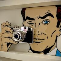 Camera Man, Fused and Painted Glass with a Vintage Camera