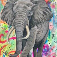 African elephant, acrylic and oil on canvas with abstract background 120x80cm