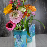Ocean blue windowsill Vases with Ranunculus