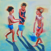 An oil painting of 3 children playing at the beach with buckets in a slightly abstract style.