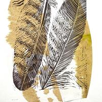 Kite feathers, linocut with chine colle