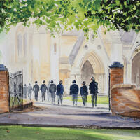 'BOYS SCHOOL, HEADING TO ABBEY' Water Colour. 8 x 11 ins