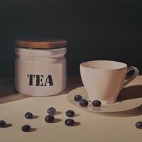 Still life oil painting by Emma de Souza with enamel tea caddy, white tea cup on a saucer and several blueberries