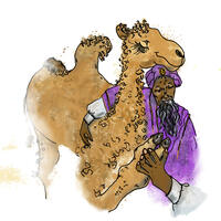 Camel and wizard hugging, book page illustration