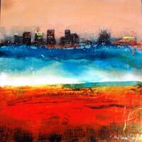 Vibrant colourful distant city view acrylicc 70 x 70cms deep canvas with painted sides  a 