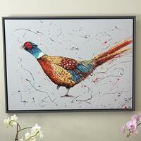 A1 acrylic on canvas painting of a pheasant with soft grey background, framed and displayed on a wall