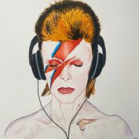 David Bowie ‘Aladdin Sane’ reimagined wearing headphones. I had this idea of wanting to paint this famous image but with the headphones as this idea of him eyes closed and fully immersed in the music that he is listening to. It is painted with Windsor and Newton watercolour paint and precision water based pens onto 300gsm paper. 42cm x 42cm