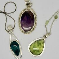 Chrysocolla, Amethyst and Prehnite pendants.