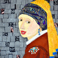 'Girl with a sapphire earing' Fabric collage on canvas
