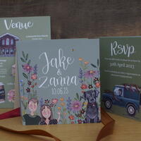 Customised wedding invites. Including the bride and groom, their dog, transport, venue and other personal touches. Printed on an uncoated sage and olive background z fold. 