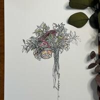 An elevation drawing of a wedding bouquet using pen, pencil, watercolour and acrylic paint.