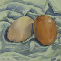 An oil painting of two eggs on a green cloth