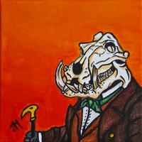 'Happy Hippo' Astute gentleman in a brown suit on an orange backround. Acrylic paint on 20 x 20 cm canvas. 