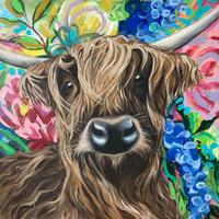 Highland cow, acrylic painting on canvas with floral background, 60x60cm