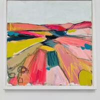 Mixed media landscape in vibrant pinks and yellows on canvas board