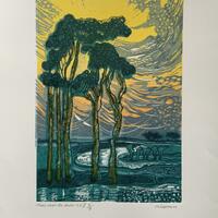Trees over the River Reduction Lino print limited edition 12