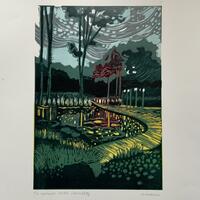 Japanese Garden Cottered Reduction Lino print Limited edition 12