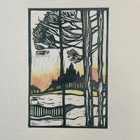 Small one colour Lino with watercolour