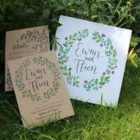 Customised wedding invitations. A5 size printed on kraft uncoated paper.