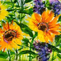 Embellished monoprint "Sunflowers and larkspurs" 16x11ins