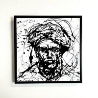 Black and white, acrylic drip painting of a man in a turban on 40 x 40cm canvas.