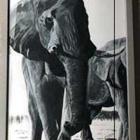 Elephant, one tusk. Acrylic on paper, framed.