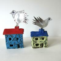 Ceramic Houses with Tin Birds