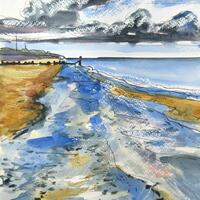 Bacton Beach Norfolk. Ink and Watercolour painting on paper