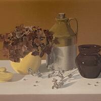 Still life oil painting by Emma de Souza with a dried flowers hydrangea in a yellow pot, a flagon and empty brown vase.