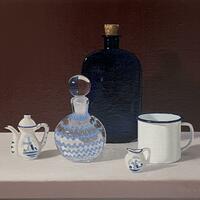 Realist still life oil painting Blue bottle by artist Emma de Souza with a blue glass bottle, a glass perfume bottle, a white and blue enamel mug, a miniature teapot with decorative windmill and a miniature milk jug with decorative windmill.
