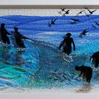 Sardine Fishing in Oman, fused glass, paint, framed
