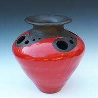 Decorated large red raku pot
