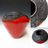Carved large red raku pot
